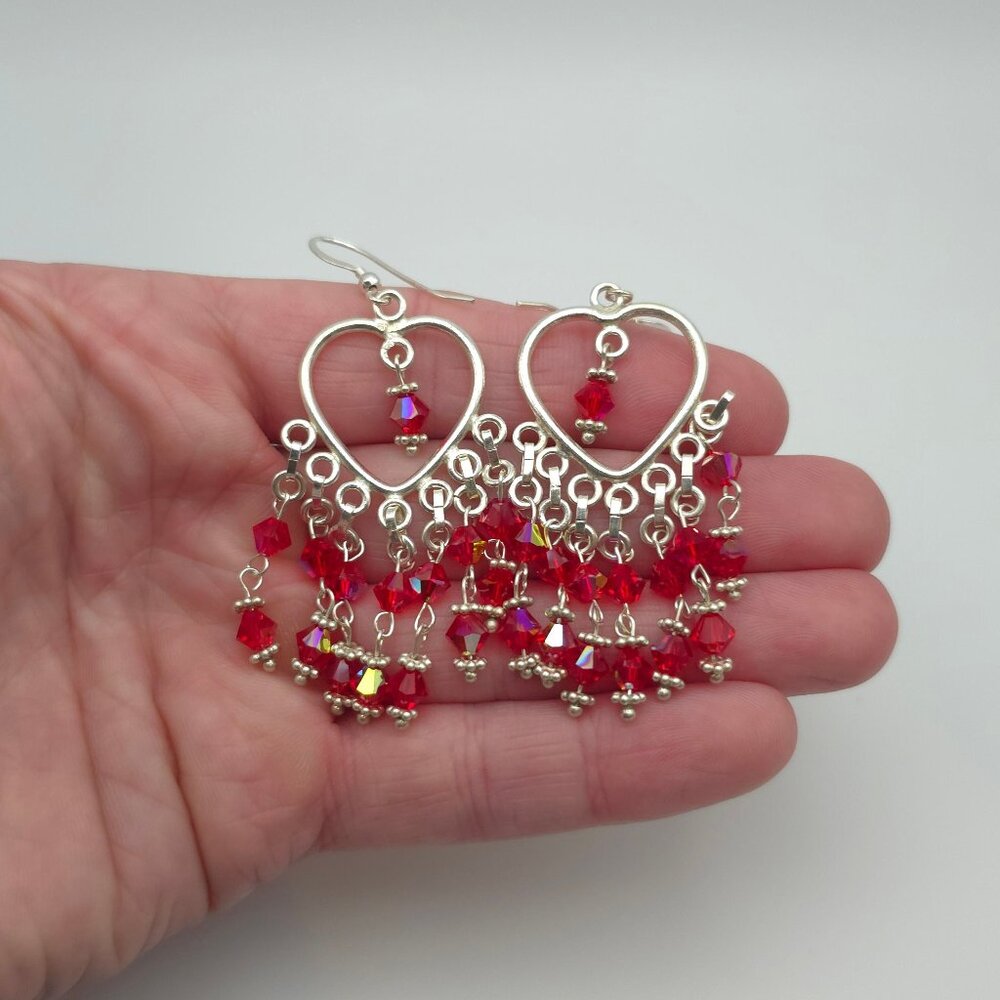 Sterling Silver Handmade Red Crystal Heart Earrings B76